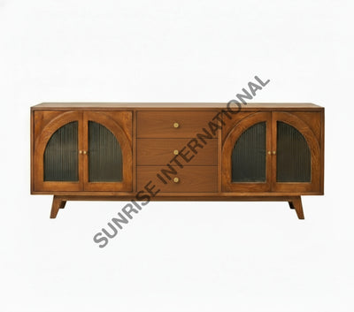 Mid-century solid wood sideboard cabinet with 3 drawers and 4 doors front view