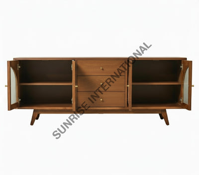 Mango wood sideboard cabinet with open doors showing internal storage shelves