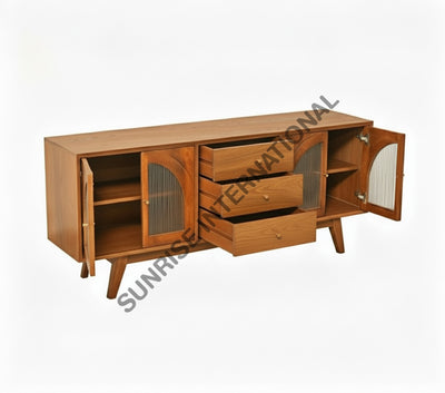 Solid wood sideboard cabinet with open doors and drawers showing storage space