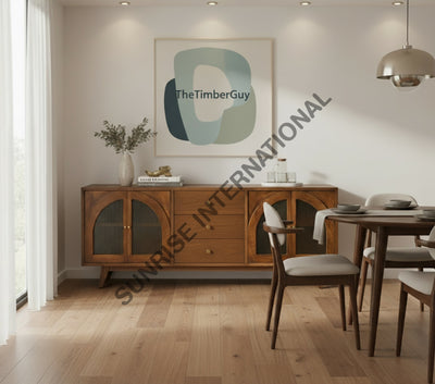 Mango wood sideboard cabinet with arched door panels in dining room setting