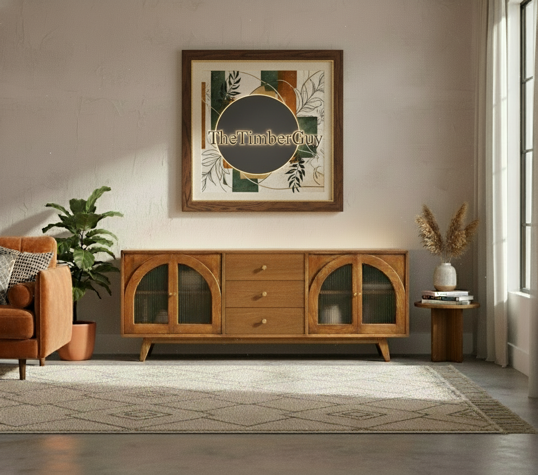 Solid Mango Wood Sideboard Cabinet with 3 Drawers & 4 Arched Doors