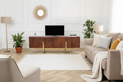 Solid Mango Wood TV Cabinet with Metal Frame Legs