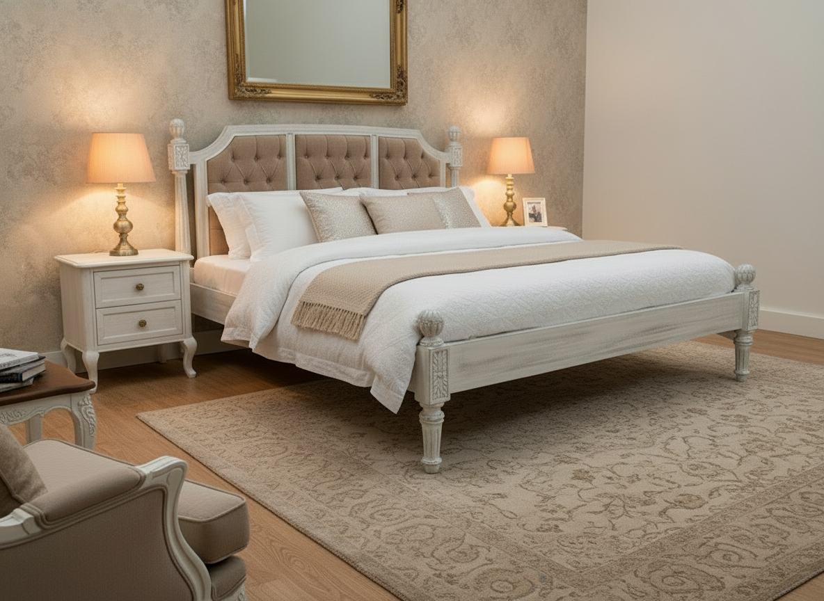 Solid Mango Wooden Bed with Upholstered Tufted Headboard – King & Queen