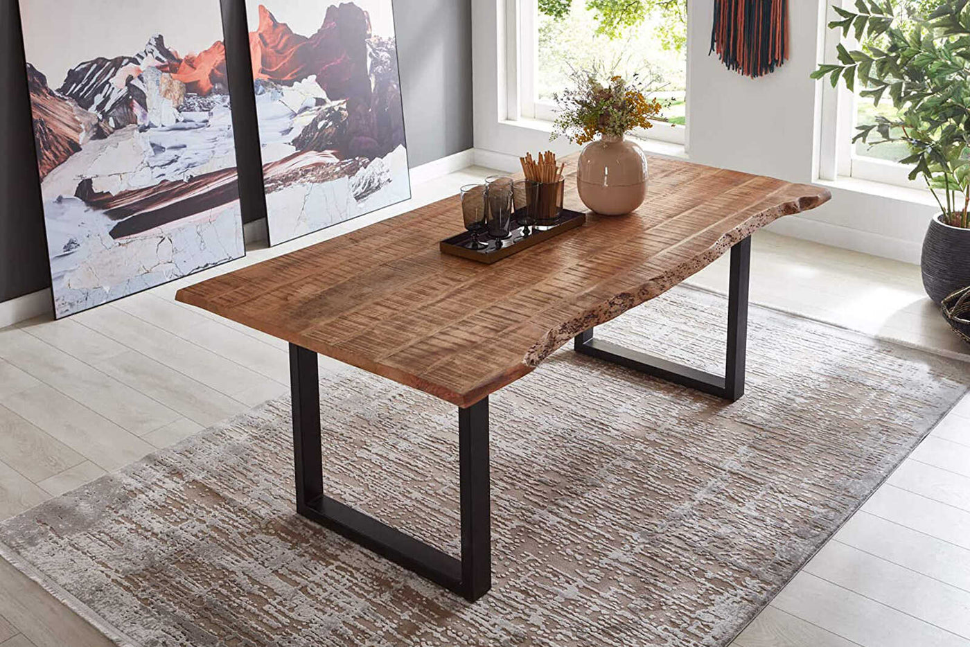 Solid Mango wood live edge slab dining table with U shape Metal legs