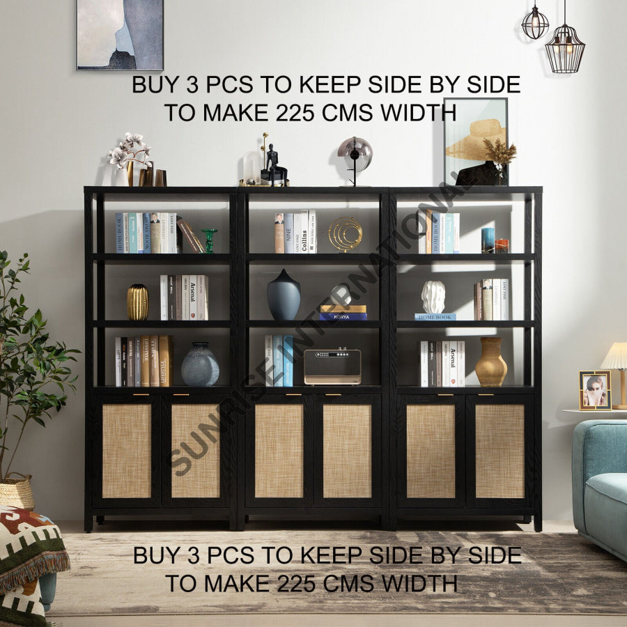 buy solid wood bookcase bookshelf display rack with rattan cane work ...