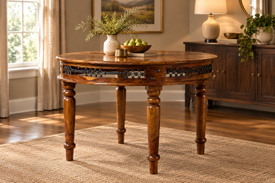 Solid Sheesham Wood 4 seater Round Dining table with Metal work !