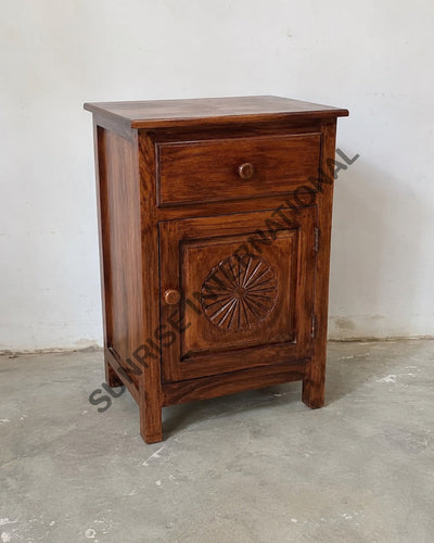 Solid Sheesham wood bedside table with drawer and carved cabinet door
