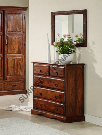 Sheesham wood 5 drawer dresser with matching wooden mirror frame