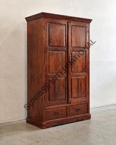 Solid Sheesham wood two door wardrobe with two bottom drawers