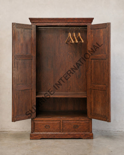 Sheesham wood wardrobe interior with hanging rod, shelf and two drawers
