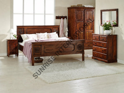 Solid Sheesham wood 6 piece bedroom set with King bed, wardrobe, bedside tables and dresser