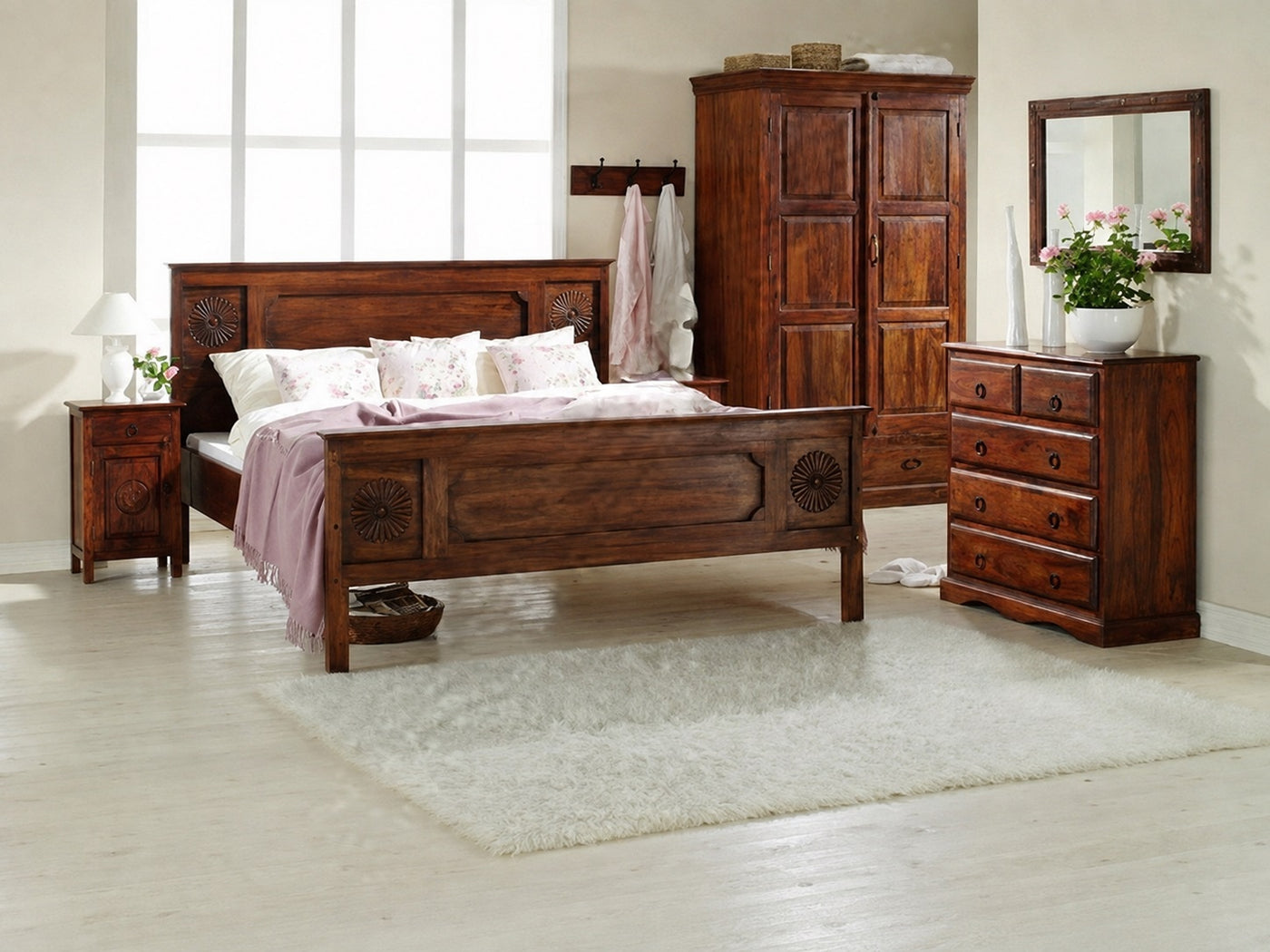Solid Sheesham Wood 6 Piece Bedroom Set | King/Queen Bed, Wardrobe, Bedside Tables, Dresser & Mirror Frame