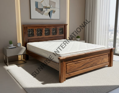 Wooden bed with artistic jali headboard in modern bedroom setting
