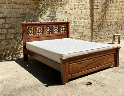 Solid Sheesham wooden bed with artistic jali headboard and paneled footboard