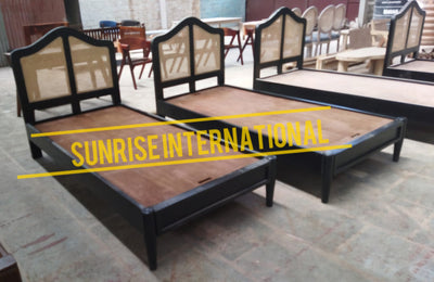 Single size Sheesham wooden bed with rattan cane headboard