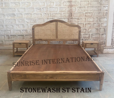 Sheesham wood bed with rattan cane headboard in Stonewash finish