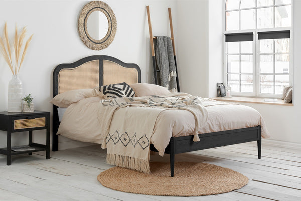 Solid Sheesham Wood Bed with Artistic Rattan Cane Headboard – King, Queen & Single