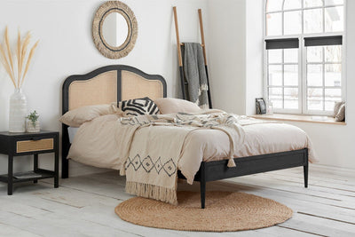 Solid Sheesham wooden bed with artistic rattan cane headboard