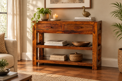 wooden console table in living room