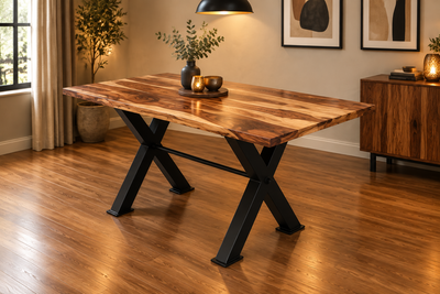 wooden dining table with metal legs