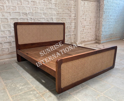 Solid wood rattan cane bed frame in Sheesham wood, angled view