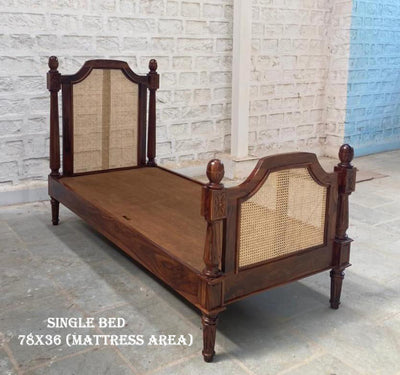 Single size Sheesham wood rattan cane bed with 78 x 36 inch mattress area