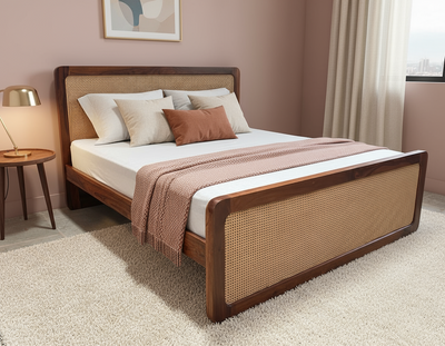 Rattan cane wooden bed with Sheesham wood frame in modern bedroom setting