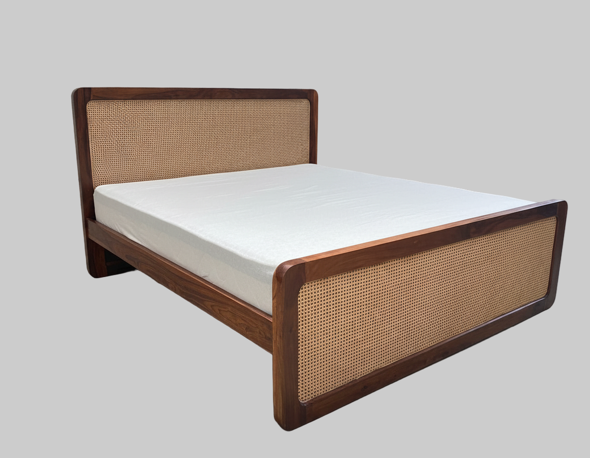 Solid Sheesham Wood Rattan Cane Bed – King, Queen & Single