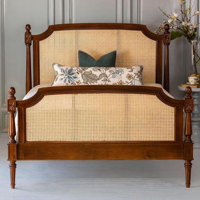 Solid Sheesham wood rattan cane bed with cane headboard and footboard, front view