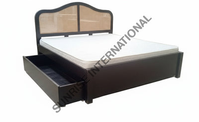 Sheesham wood rattan cane storage bed available in King and Queen sizes