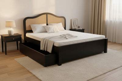 Sheesham wooden bed with rattan cane headboard and side drawer storage