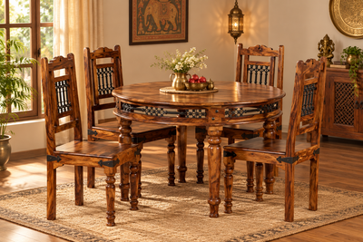 Solid Sheesham Wood Round Dining Table Furniture Set with 4 Chairs