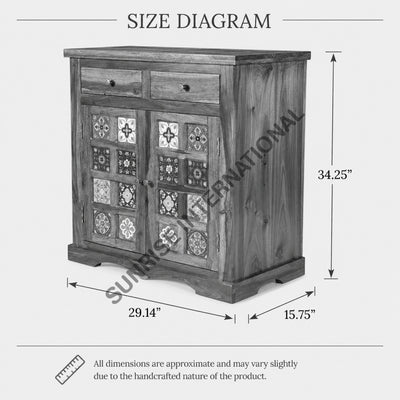 Solid Sheesham Wood Sideboard Cabinet with Ceramic Tiles