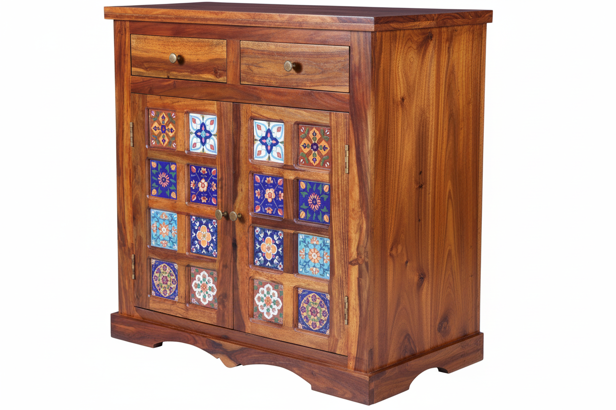 Solid Sheesham Wood Sideboard Cabinet with Ceramic Tiles