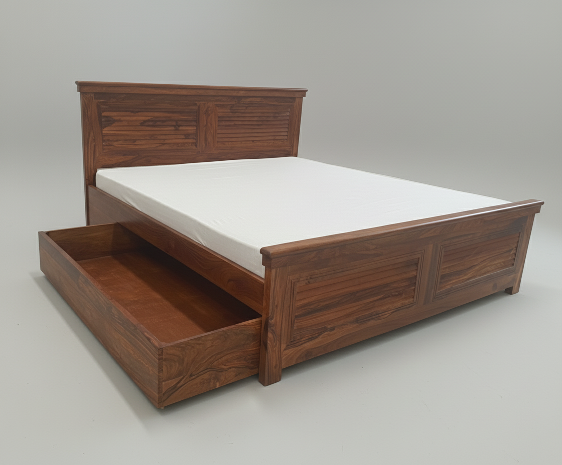 Solid Sheesham Wood Storage Bed with Side Drawers – King & Queen