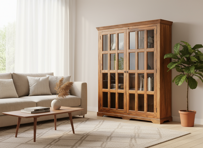 Solid Sheesham Wood bookshelf with glass door, display case , Bookcase , cabinet