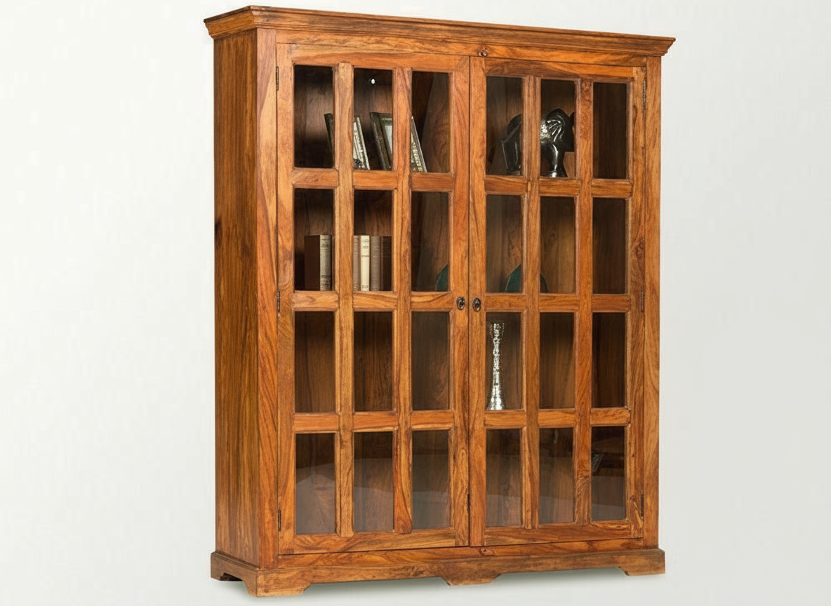 Solid Sheesham Wood bookshelf with glass door, display case , Bookcase , cabinet