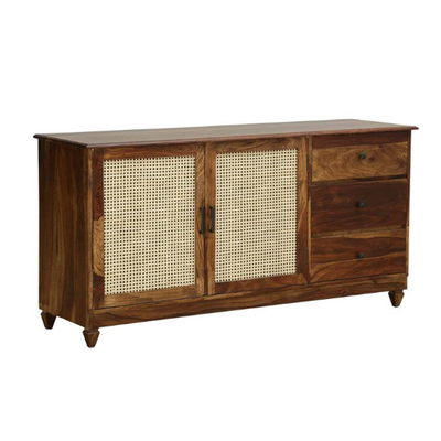 solid shesham wood sideboard cabinet furniture with rattan cane work design
