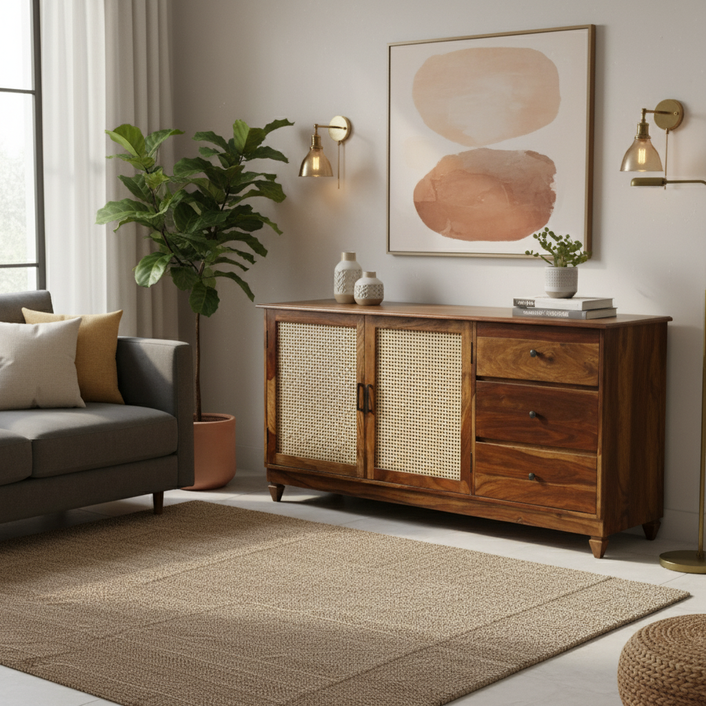 Solid Sheesham Wood sideboard cabinet with rattan cane work !