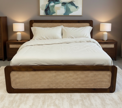 Sheesham wooden storage bed with rattan cane headboard and footboard in bedroom setting