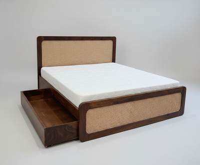 Solid Sheesham wooden bed with rattan cane headboard and side storage drawer