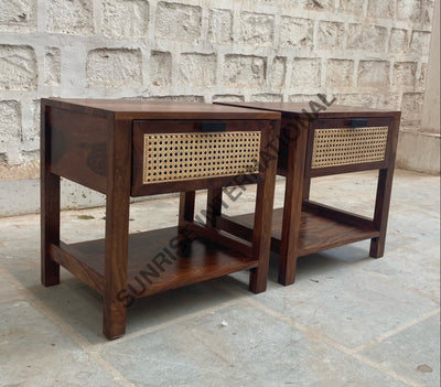 Sheesham wood bedside tables with rattan cane drawers and lower shelf