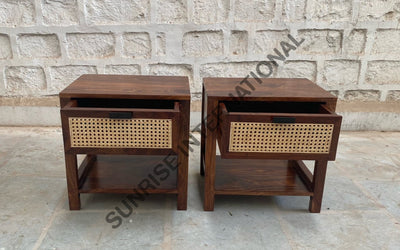 Solid Sheesham wooden storage bed with rattan cane headboard in bedroom setting