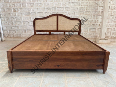 Wooden storage bed for King and Queen sizes with rattan cane headboard
