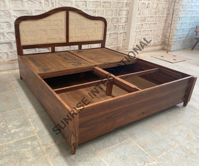 Solid Sheesham wood bed with closed box storage platform and cane headboard