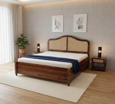 Solid Sheesham wooden bed with rattan cane headboard and box storage