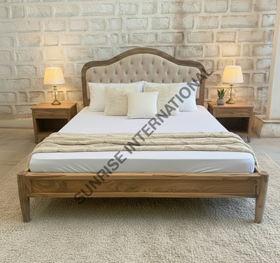 Sheesham wooden bed with tufted upholstered headboard in bedroom setting