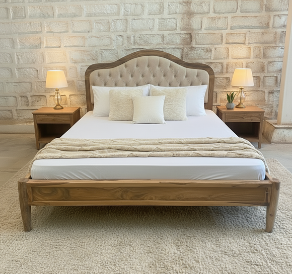 Solid Sheesham wooden bed with upholstered padded tufted headboard