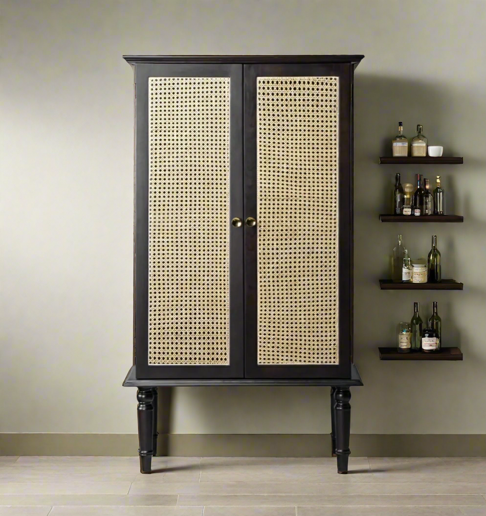 Solid Sheesham wood Bar Cabinet rack with rattan cane