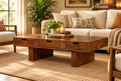 wooden coffee center table  with storage drawers in living room